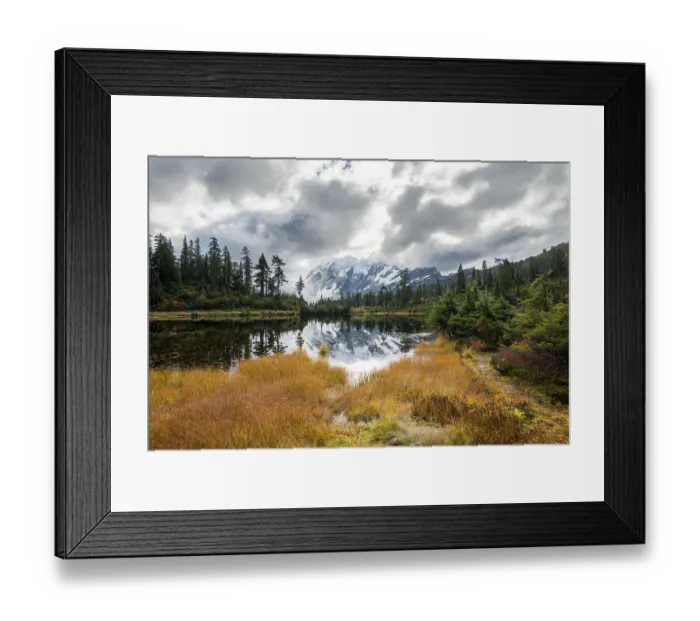 Framed Print : Mt. Shuksan in clouds, glacier with snow with reflection in Picture Lake