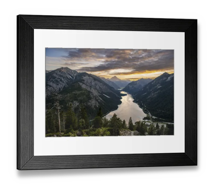 Framed Print : View of the Plansee lake from Schoenjoechl at sunset