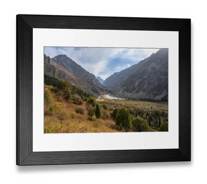 Framed Print : View of the Ala Archa valley, autumnal mountain landscape with Ak Say mountain stream Framed Print : View of the Ala Archa valley, autumnal mountain landscape with Ak Say mountain stream