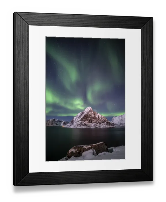 Framed Print : Green northern lights reflected in fjord