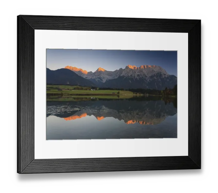 Framed Print : Mountains reflected in lake, evening light