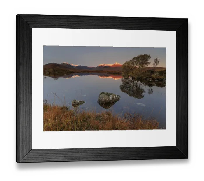 Framed Print : Mountains reflected in lake, morning light