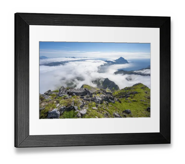 Framed Print : Mountain landscape in clouds, view from the top of Stornappstinden