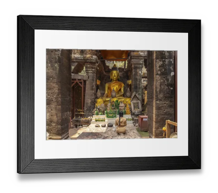 Framed Print : Modern Buddha statues in the central sanctuary of the mountain temple Wat Phu