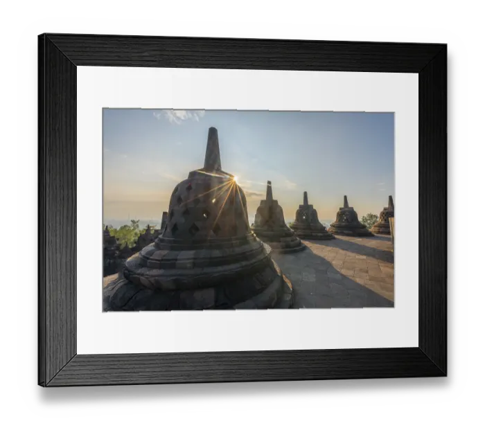 Framed Print : Borobudur temple at sunrise, stupas