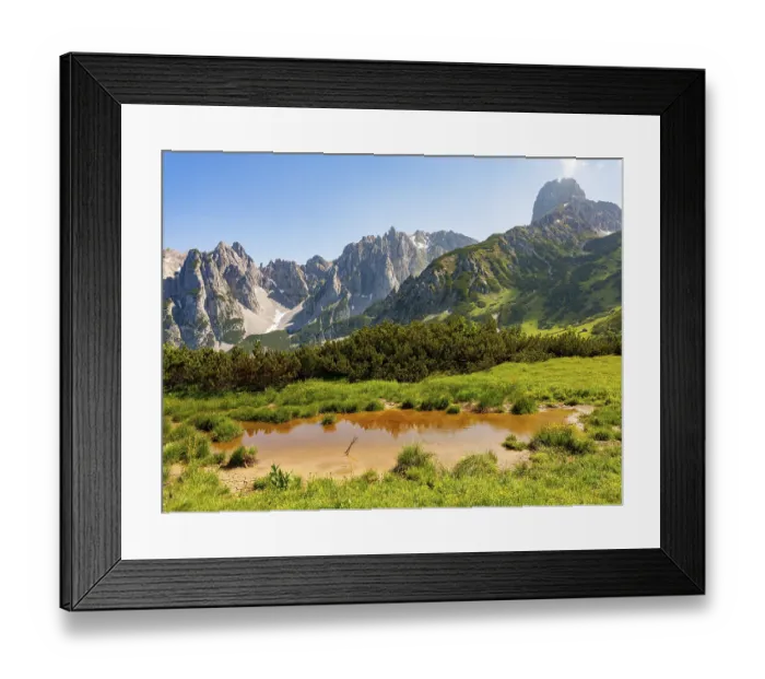 Framed Print : Small pond in front of the peaks of the Gosaukamm Framed Print : Small pond in front of the peaks of the Gosaukamm
