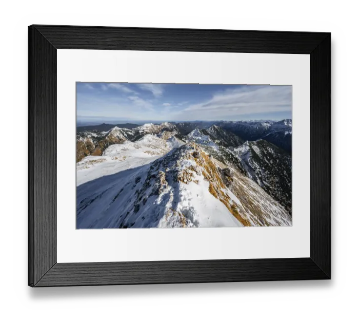 Framed Print : Narrow rocky snowy ridge of the Ammergauer Hochplatte
