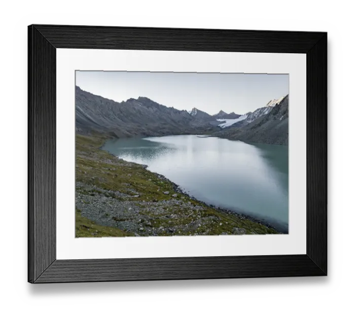 Framed Print : Mountains with glacier, mountain pass and mountain lake Ala-Kul Lake Framed Print : Mountains with glacier, mountain pass and mountain lake Ala-Kul Lake