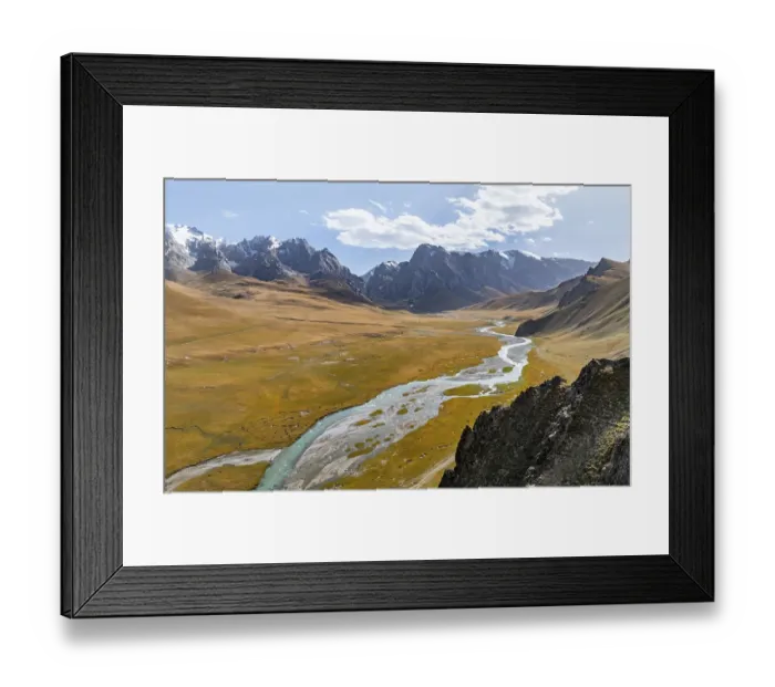 Framed Print : Aerial view, River Kol Suu winds through a mountain valley with hills covered with yellow grass