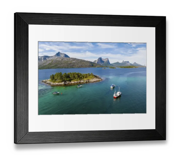 Framed Print : Boats in the fjord off Bergen, Kulhornet and Stortinden mountains Framed Print : Boats in the fjord off Bergen, Kulhornet and Stortinden mountains