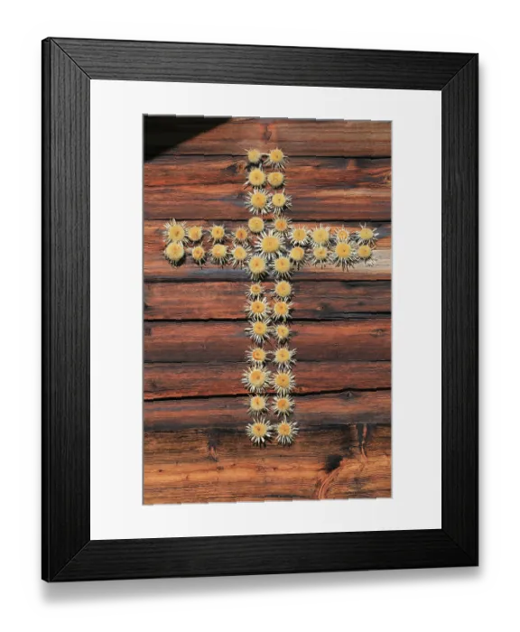 Framed Print : Cross of thistles on alp house