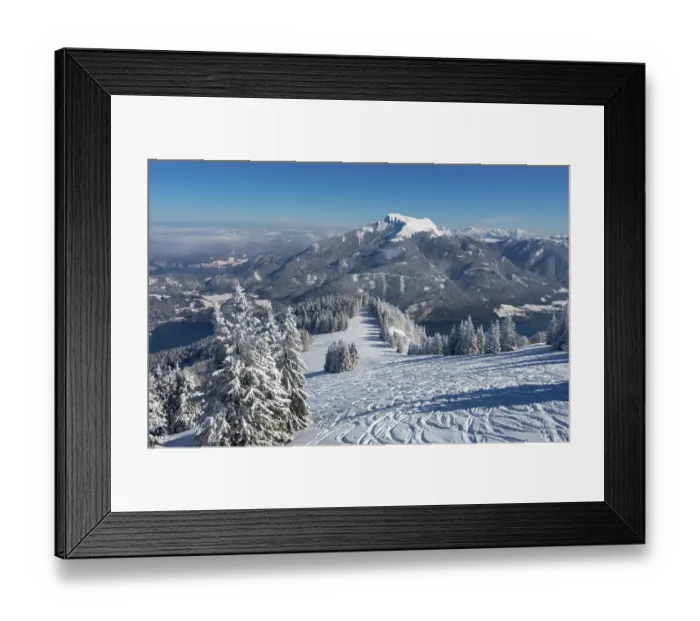 Framed Print : Drone shot, winter landscape with ski tracks in deep snow