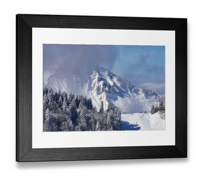 Framed Print : Deeply snow-covered winter landscape with a view of the Faistenau Schafberg