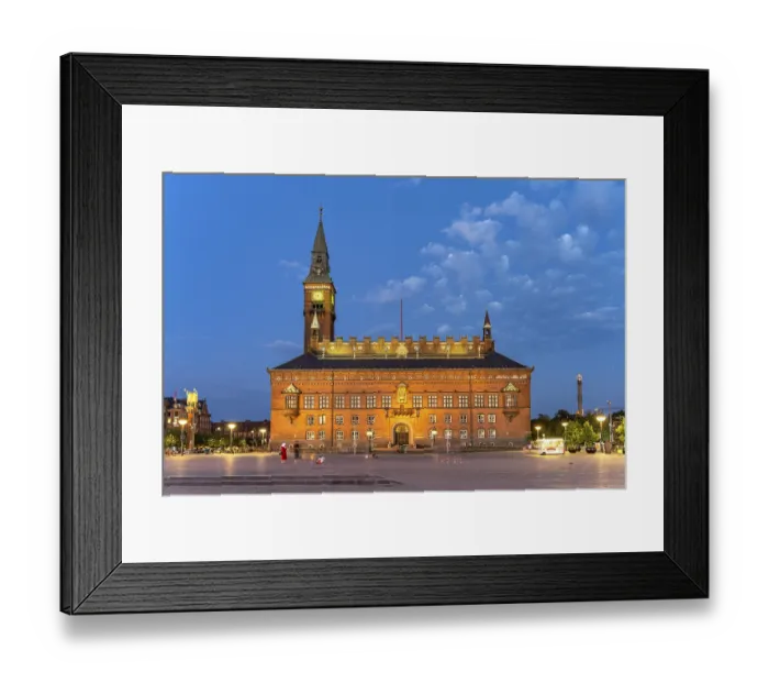Framed Print : Copenhagen City Hall on the town hall square Radhuspladsen at dusk