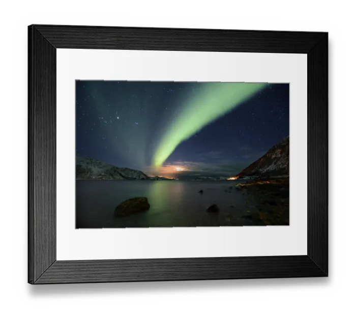 Framed Print : Northern Lights over fjord with winter landscape