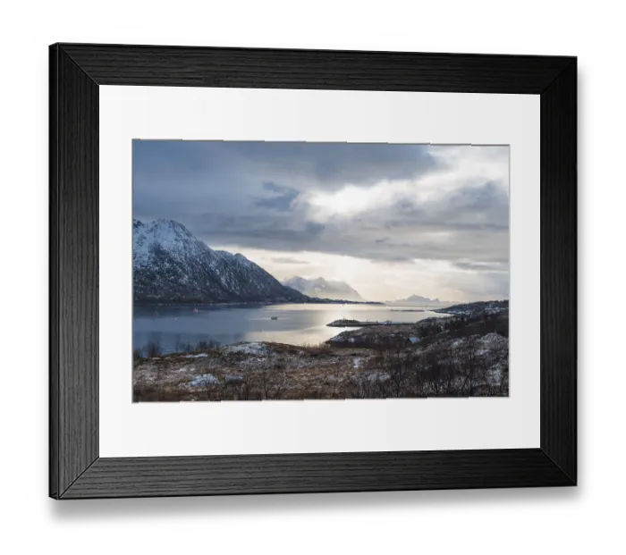 Framed Print : Fjord in winter, Austnesfjorden fjord