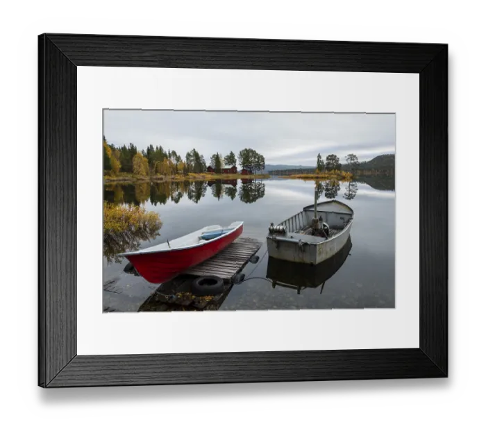 Framed Print : Boats at the lake, Autumnal landscape