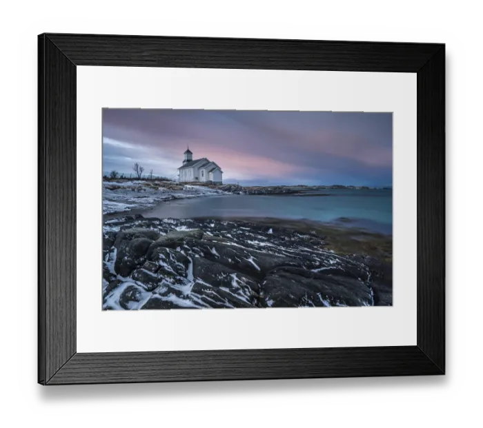 Framed Print : Gimsoykirke, Gimsoy church at dusk