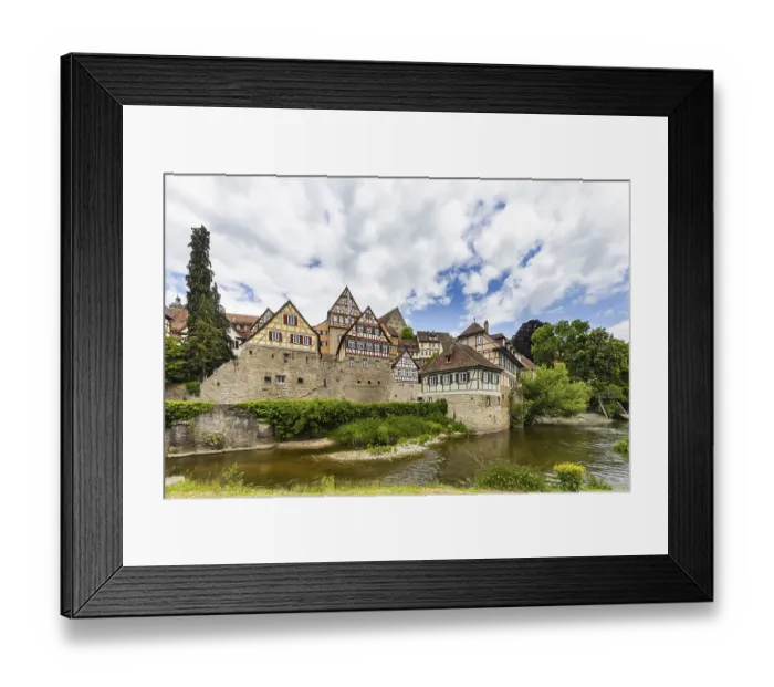 Framed Print : Town view with interesting half-timbered houses on the river Kocher