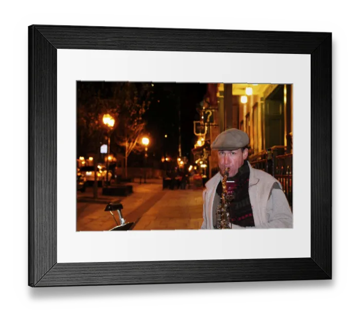 Framed Print : Saxophone player in the old city of Quebec City Framed Print : Saxophone player in the old city of Quebec City