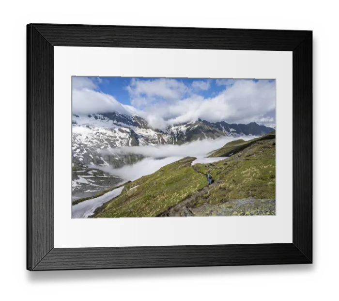 Framed Print : Mountaineer on hiking trail, mountain panorama with high fog in the valley