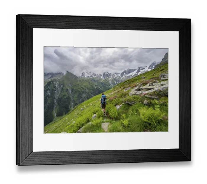 Framed Print : Mountaineer between green vegetation on a hiking trail Framed Print : Mountaineer between green vegetation on a hiking trail
