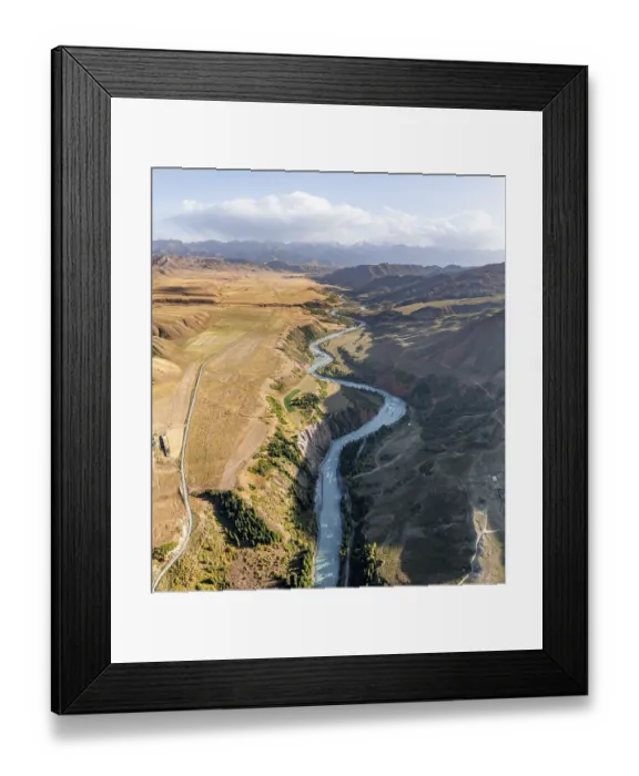 Framed Print : Mountain landscape with river in a narrow mountain valley in autumn Framed Print : Mountain landscape with river in a narrow mountain valley in autumn