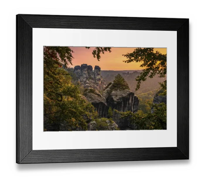Framed Print : Schrammsteine around the Bastei at sunrise