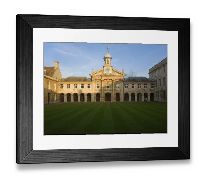 Framed Print : Clock tower and quadrangle courtyard of Emmanuel College