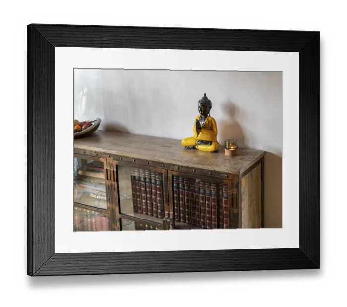 Framed Print : Books and encyclopaedias in old glass case with metal