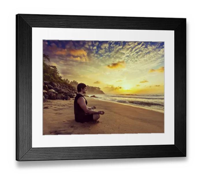 Framed Print : Vintage retro effect hipster style image of sporty fit man doing yoga meditating in padmasana lotus pose on tropical Framed Print : Vintage retro effect hipster style image of sporty fit man doing yoga meditating in padmasana lotus pose on tropical