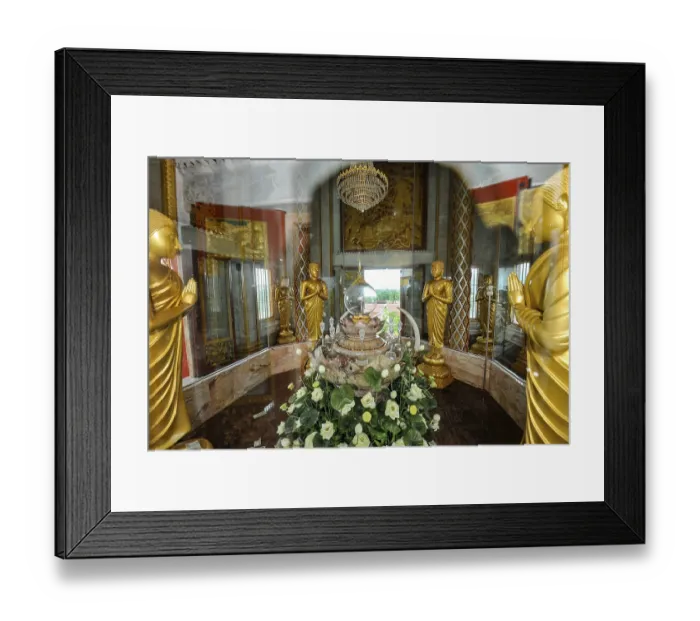 Framed Print : Reliquary with relics under glass in dome of tower in top of Chedi highest building in temple complex Buddhist Framed Print : Reliquary with relics under glass in dome of tower in top of Chedi highest building in temple complex Buddhist