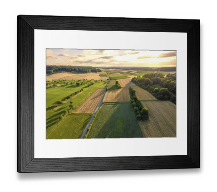 Framed Print : Aerial view of a landscape with forest in the foreground at sunset