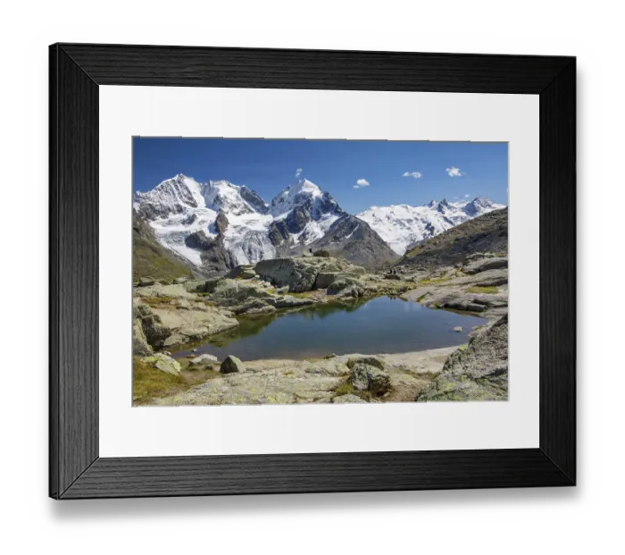 Framed Print : Small mountain lake on Fuorcla Surlej with Piz Bernina