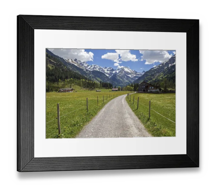Framed Print : Path in Stillachtal, behind mountains of the Allgaeu Alps Framed Print : Path in Stillachtal, behind mountains of the Allgaeu Alps