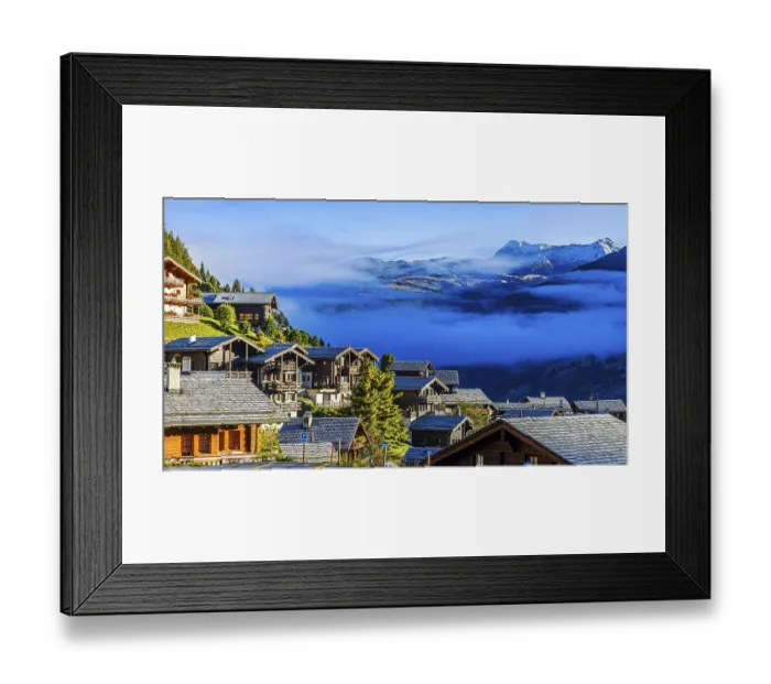 Framed Print : Roofs covered with hoarfrost, fog rising Framed Print : Roofs covered with hoarfrost, fog rising