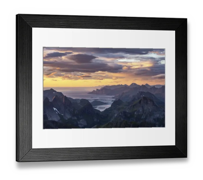 Framed Print : View over mountain top and sea to Fredvang Framed Print : View over mountain top and sea to Fredvang