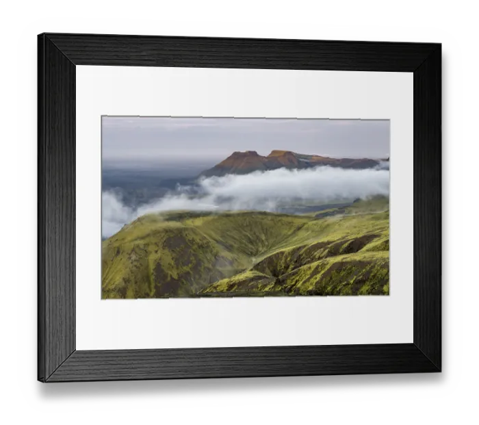 Framed Print : Fog between mountains, moss-covered volcanic mountain landscape