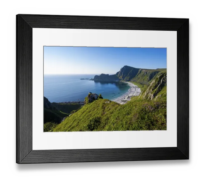 Framed Print : View of coastal landscape, cliffs with peak Matind or Matinden