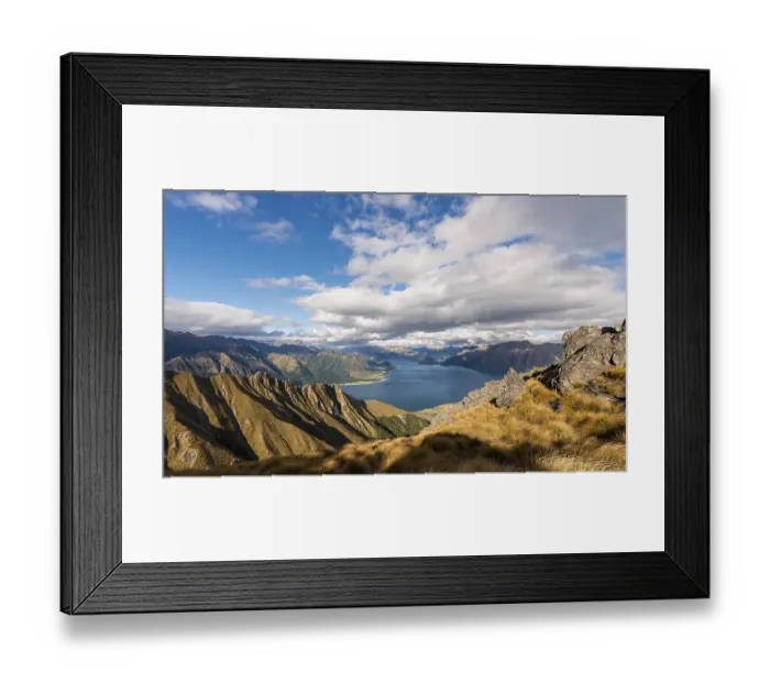 Framed Print : View of lake in mountain landscape Framed Print : View of lake in mountain landscape