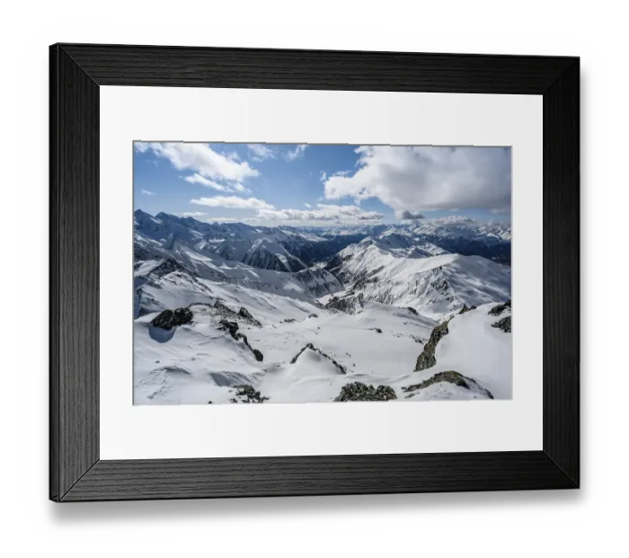 Framed Print : Snow-covered mountain ranges, panoramic view from the Geierspitze into the Schmirntal Framed Print : Snow-covered mountain ranges, panoramic view from the Geierspitze into the Schmirntal