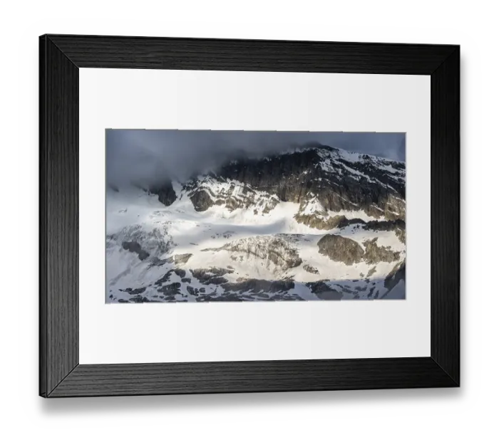 Framed Print : Snow-covered mountainside in fog Framed Print : Snow-covered mountainside in fog