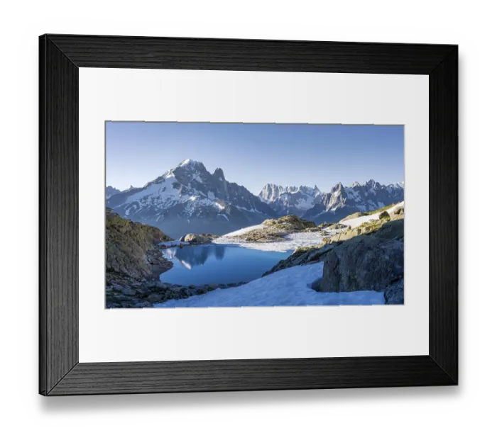 Framed Print : Mountain panorama with water reflection in Lac Blanc Framed Print : Mountain panorama with water reflection in Lac Blanc
