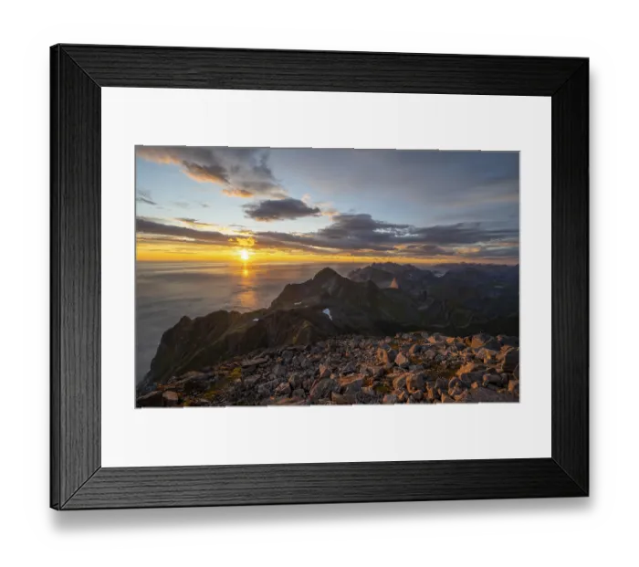 Framed Print : Sunset with dramatic clouds, view from the top of Hermannsdalstinden
