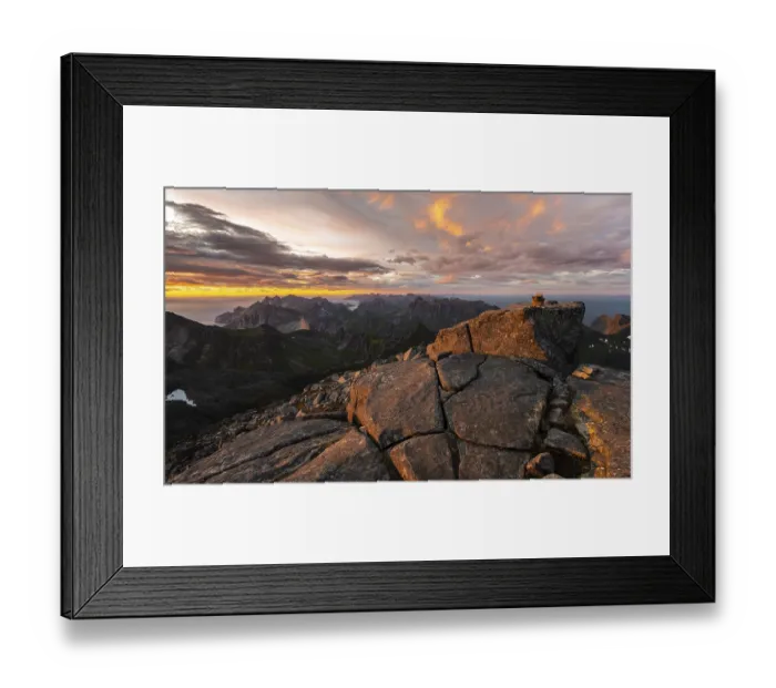 Framed Print : Sunset with dramatic clouds, view from the top of Hermannsdalstinden Framed Print : Sunset with dramatic clouds, view from the top of Hermannsdalstinden