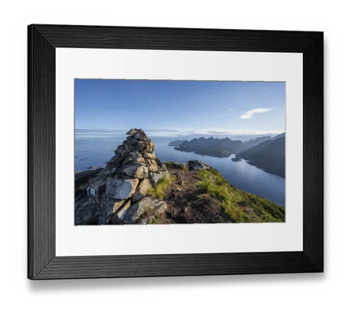 Framed Print : Cairn at Gifpel, Fjord Raftsund and mountains Framed Print : Cairn at Gifpel, Fjord Raftsund and mountains