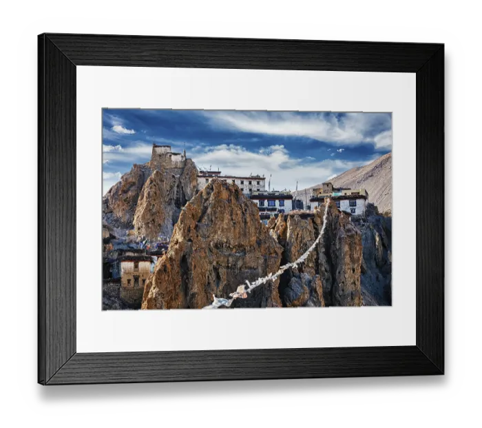 Framed Print : Dhankar gompa Tibetan Buddhist monastery and prayer flags lungta