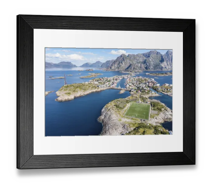 Framed Print : Aerial view over fishing village Henningsvaer Framed Print : Aerial view over fishing village Henningsvaer