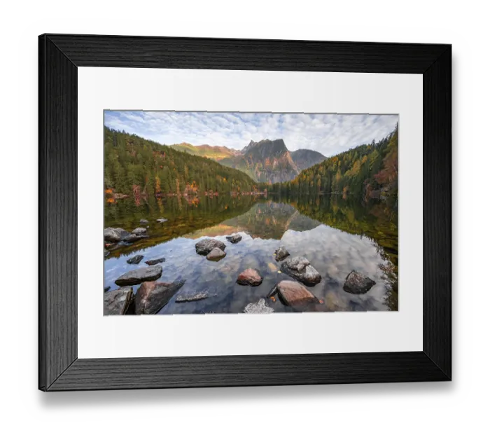 Framed Print : Mountain peaks of the Oetztal Alps reflected in Lake Piburger See