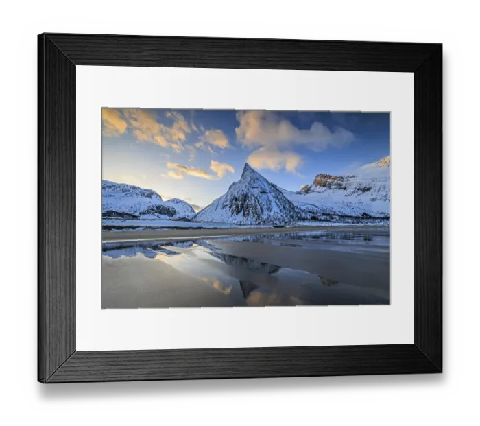 Framed Print : Steep mountain reflected in the water on the beach Framed Print : Steep mountain reflected in the water on the beach
